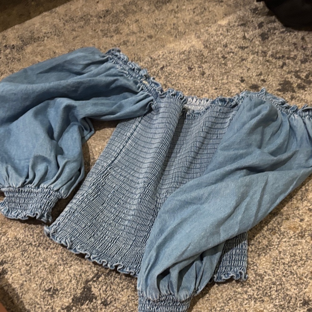 Blue Off-Shoulder Smocked Blouse